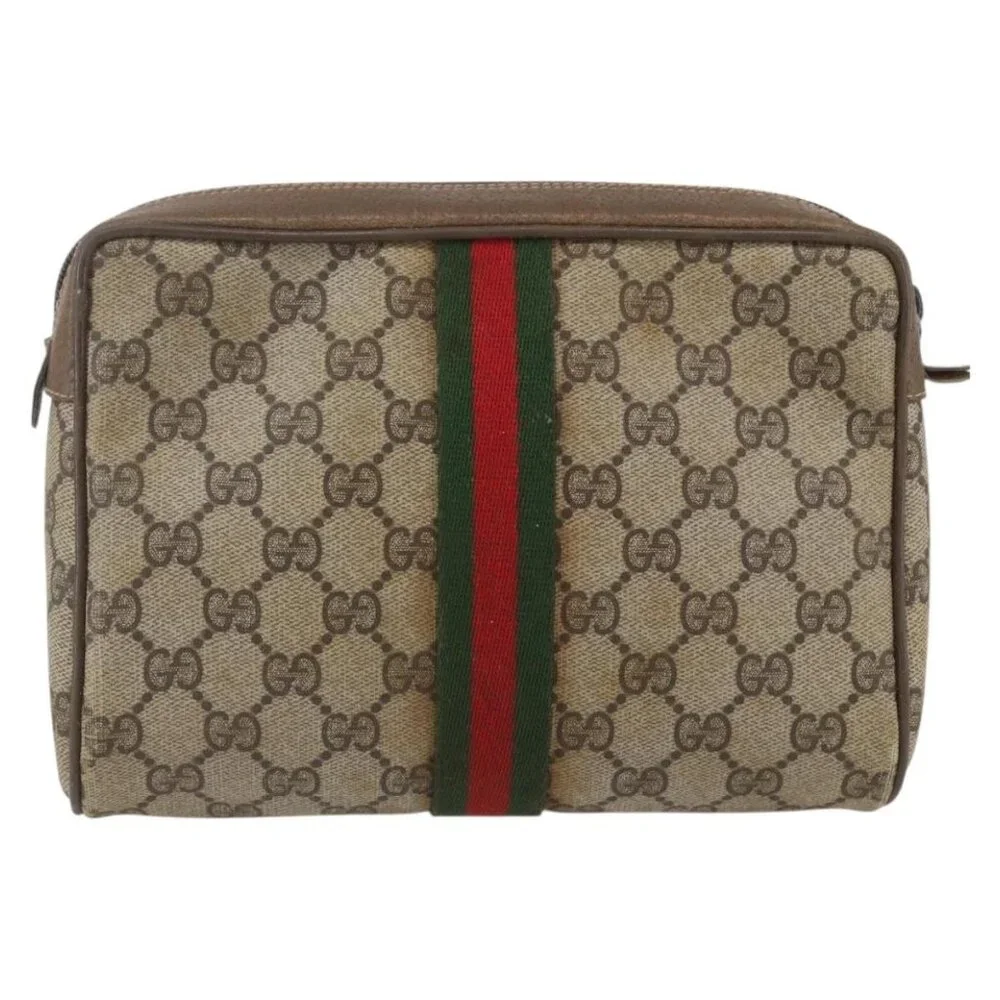 GUCCI GG Supreme Web Sherry Line Clutch Bag PVC Beige Gold 89 01 012 Auth 158514 - Picture 3 of 16